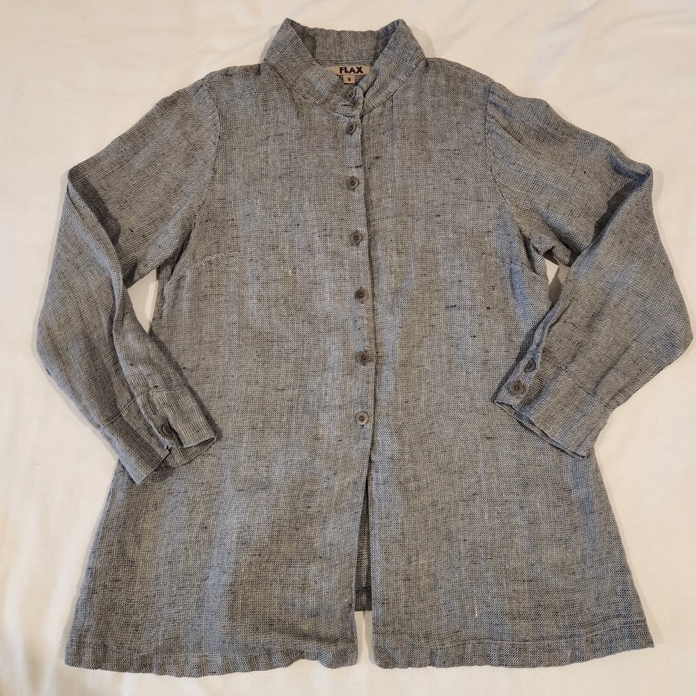 Flax Dame Linen Long Sleeve Tunic Blouse Lagenlook Gray Tweed Size Small FLAW